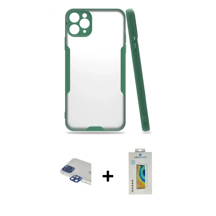 MARSİLYAN™- iPhone 11 Pro Max Kılıf Atlas Asil Serisi - Siyah Polymer Nano Ekran Koruyucu + Pers Alüminyum Kamera Lens - LT