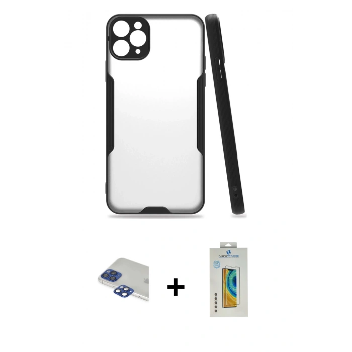MARSİLYAN™- iPhone 11 Pro Max Kılıf Atlas Asil Serisi - Siyah Polymer Nano Ekran Koruyucu + Pers Alüminyum Kamera Lens - LT