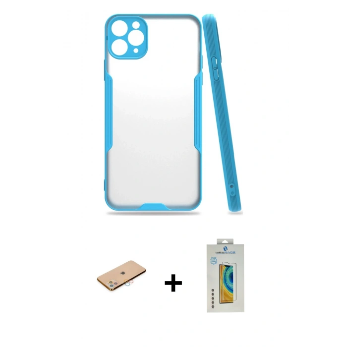 MARSİLYAN™- iPhone 11 Pro Max Kılıf Atlas Asil Serisi - Siyah Polymer Nano Ekran Koruyucu + Renkli Kamera Lens Koruma Cam - PE