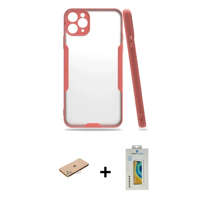 MARSİLYAN™- iPhone 11 Pro Max Kılıf Atlas Asil Serisi - Siyah Polymer Nano Ekran Koruyucu + Renkli Kamera Lens Koruma Cam - PE