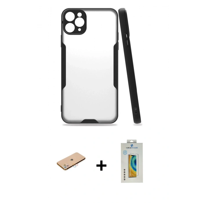 MARSİLYAN™- iPhone 11 Pro Max Kılıf Atlas Asil Serisi - Siyah Polymer Nano Ekran Koruyucu + Renkli Kamera Lens Koruma Cam - PE