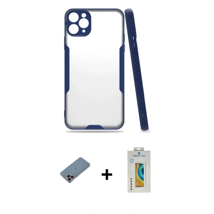 MARSİLYAN™- iPhone 11 Pro Max Kılıf Atlas Asil Serisi - Siyah Polymer Nano Ekran Koruyucu + Shine Kamera Lens Koruma Cam - PE
