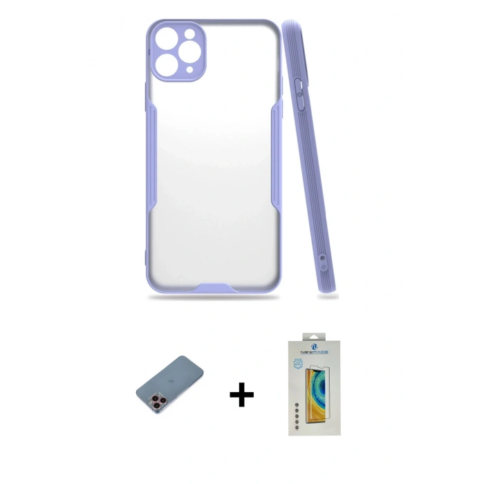 MARSİLYAN™- iPhone 11 Pro Max Kılıf Atlas Asil Serisi - Siyah Polymer Nano Ekran Koruyucu + Shine Kamera Lens Koruma Cam - PE