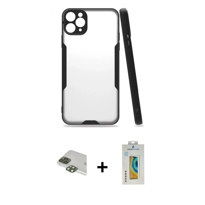 MARSİLYAN™- iPhone 11 Pro Max Kılıf Atlas Asil Serisi - Siyah Polymer Nano Ekran Koruyucu + Pers Alüminyum Kamera Lens - YL