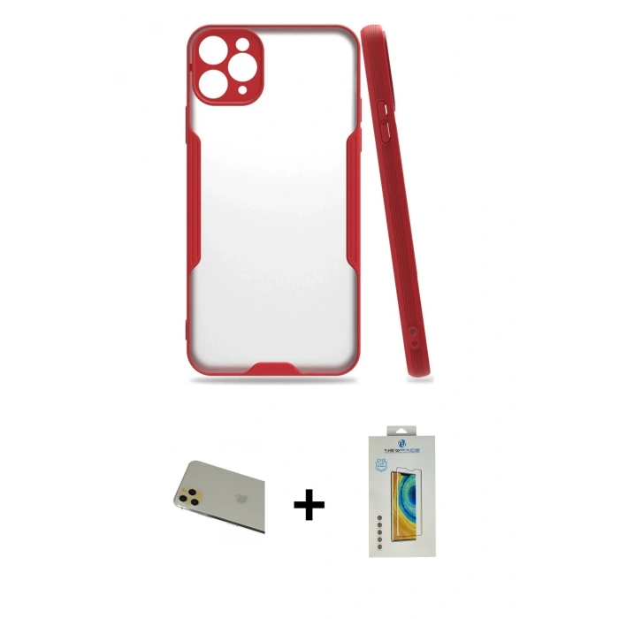 MARSİLYAN™- iPhone 11 Pro Max Kılıf Atlas Asil Serisi - Siyah Polymer Nano Ekran Koruyucu + Rainbow Kamera Lens Koruma Cam - GD