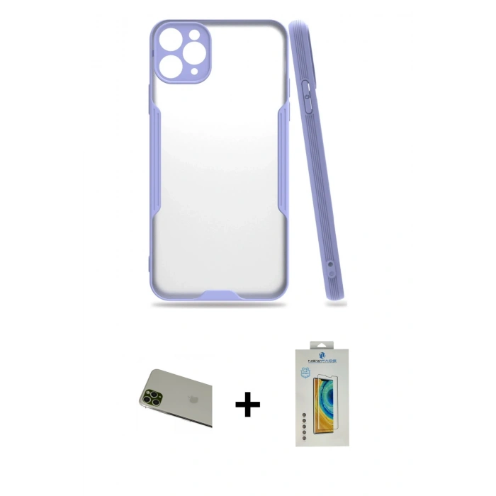 MARSİLYAN™- iPhone 11 Pro Max Kılıf Atlas Asil Serisi - Siyah Polymer Nano Ekran Koruyucu + Rainbow Kamera Lens Koruma Cam - YL