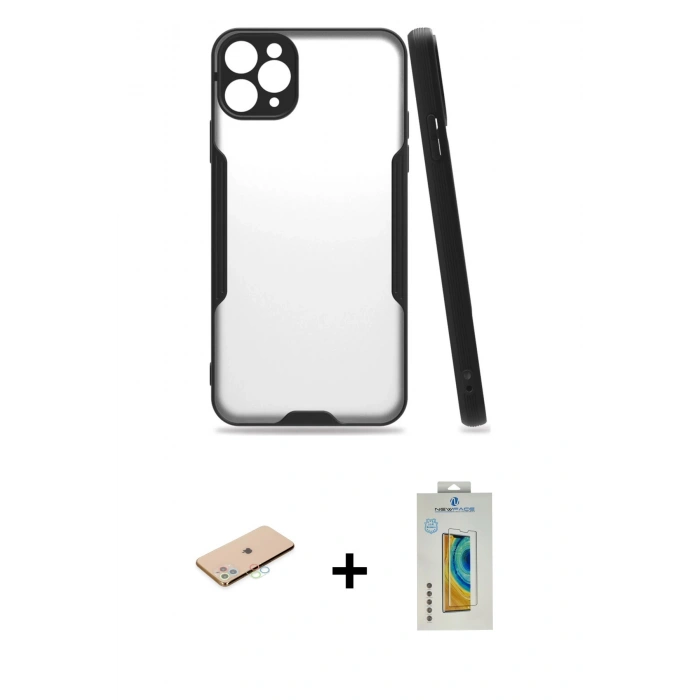 MARSİLYAN™- iPhone 11 Pro Max Kılıf Atlas Asil Serisi - Siyah Polymer Nano Ekran Koruyucu + Renkli Kamera Lens Koruma Cam - MI
