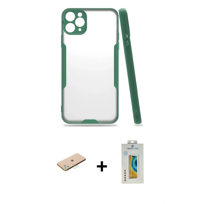 MARSİLYAN™- iPhone 11 Pro Max Kılıf Atlas Asil Serisi - Siyah Polymer Nano Ekran Koruyucu + Renkli Kamera Lens Koruma Cam - MI