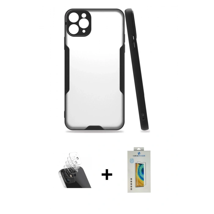 MARSİLYAN™- iPhone 11 Pro Max Kılıf Atlas Asil Serisi - Siyah Polymer Nano Ekran Koruyucu + Kamera Lens Koruma Cam - SF