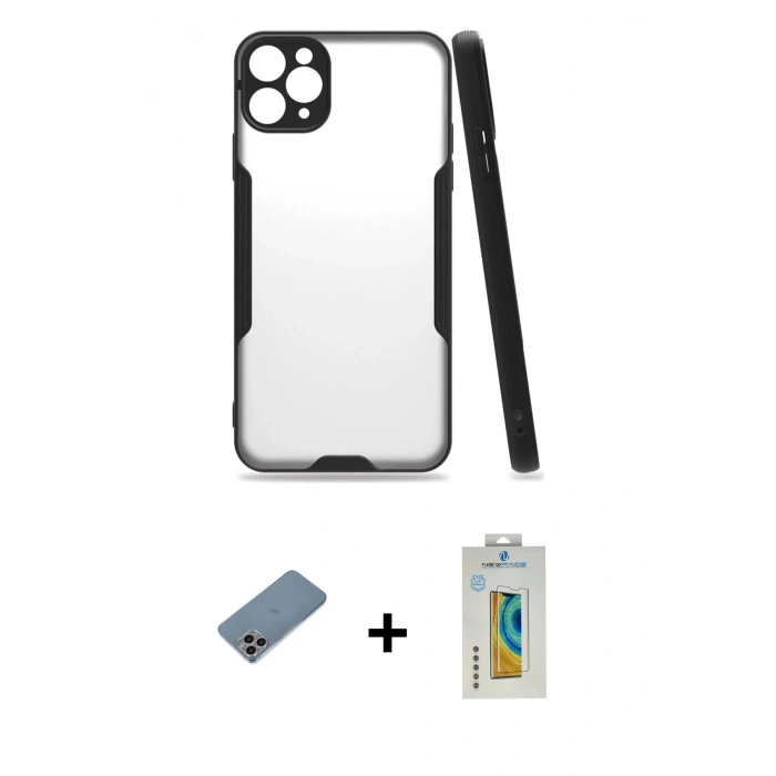 MARSİLYAN™- iPhone 11 Pro Max Kılıf Atlas Asil Serisi - Siyah Polymer Nano Ekran Koruyucu + Shine Kamera Lens Koruma Cam - GI