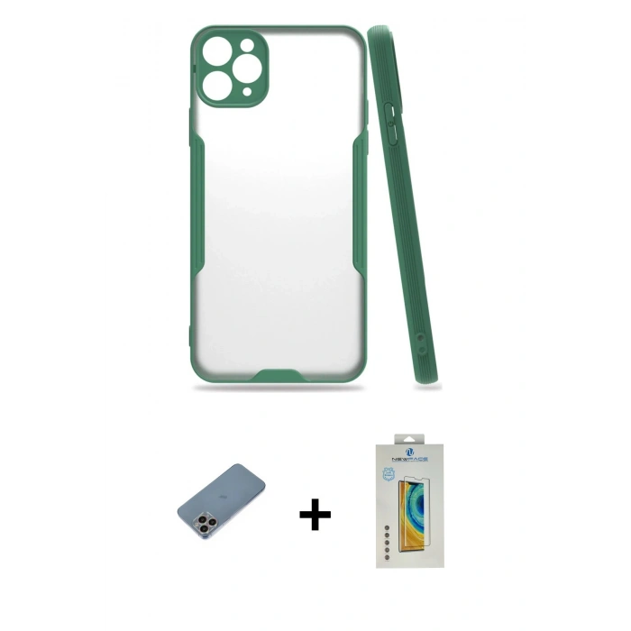 MARSİLYAN™- iPhone 11 Pro Max Kılıf Atlas Asil Serisi - Siyah Polymer Nano Ekran Koruyucu + Shine Kamera Lens Koruma Cam - GI