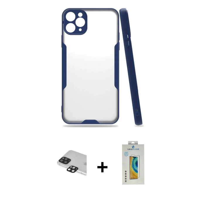 MARSİLYAN™- iPhone 11 Pro Max Kılıf Atlas Asil Serisi - Siyah Polymer Nano Ekran Koruyucu + Siyah Pers Alüminyum Kamera Lens