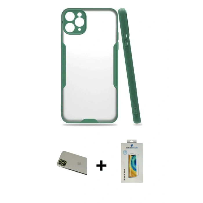 MARSİLYAN™- iPhone 11 Pro Max Kılıf Atlas Asil Serisi - Siyah Polymer Nano Ekran Koruyucu + Rainbow Kamera Lens Koruma Cam - YL