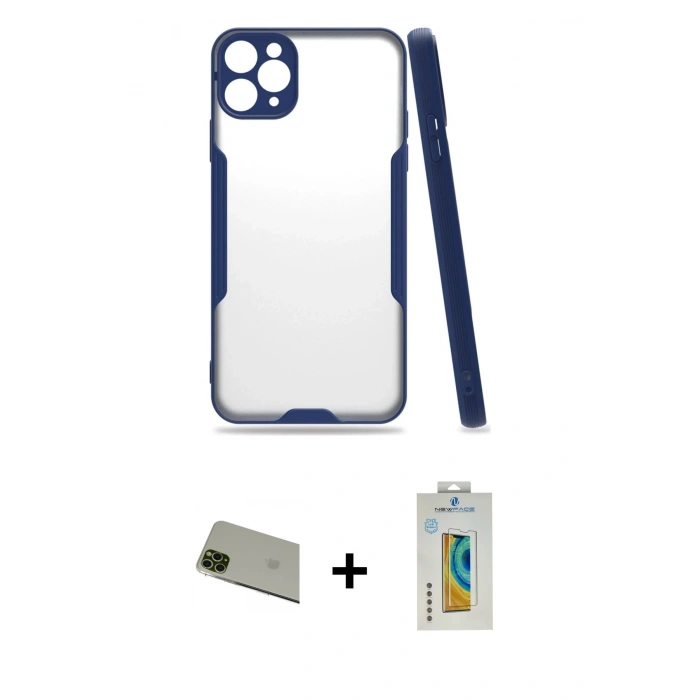 MARSİLYAN™- iPhone 11 Pro Max Kılıf Atlas Asil Serisi - Siyah Polymer Nano Ekran Koruyucu + Rainbow Kamera Lens Koruma Cam - YL