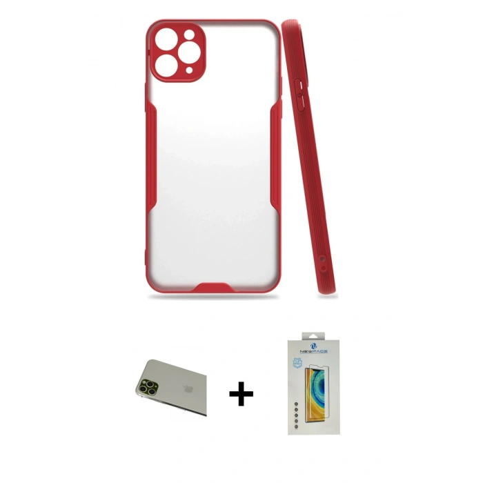 MARSİLYAN™- iPhone 11 Pro Max Kılıf Atlas Asil Serisi - Siyah Polymer Nano Ekran Koruyucu + Rainbow Kamera Lens Koruma Cam - YL