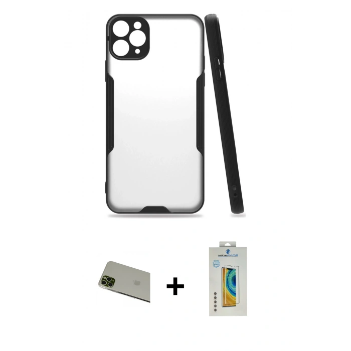 MARSİLYAN™- iPhone 11 Pro Max Kılıf Atlas Asil Serisi - Siyah Polymer Nano Ekran Koruyucu + Rainbow Kamera Lens Koruma Cam - YL