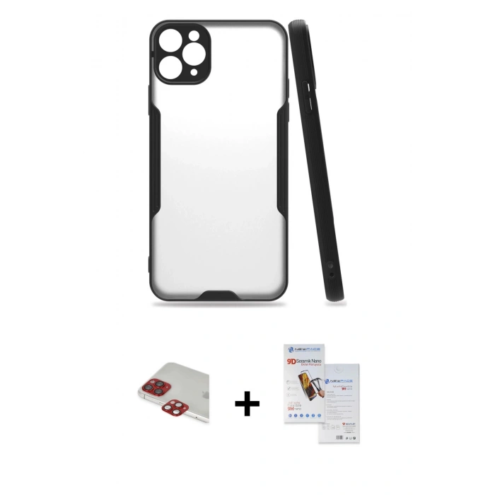MARSİLYAN™- iPhone 11 Pro Max Kılıf Atlas Asil Serisi - Siyah Seramik Nano Ekran Koruyucu + Pers Alüminyum Kamera Lens - KI