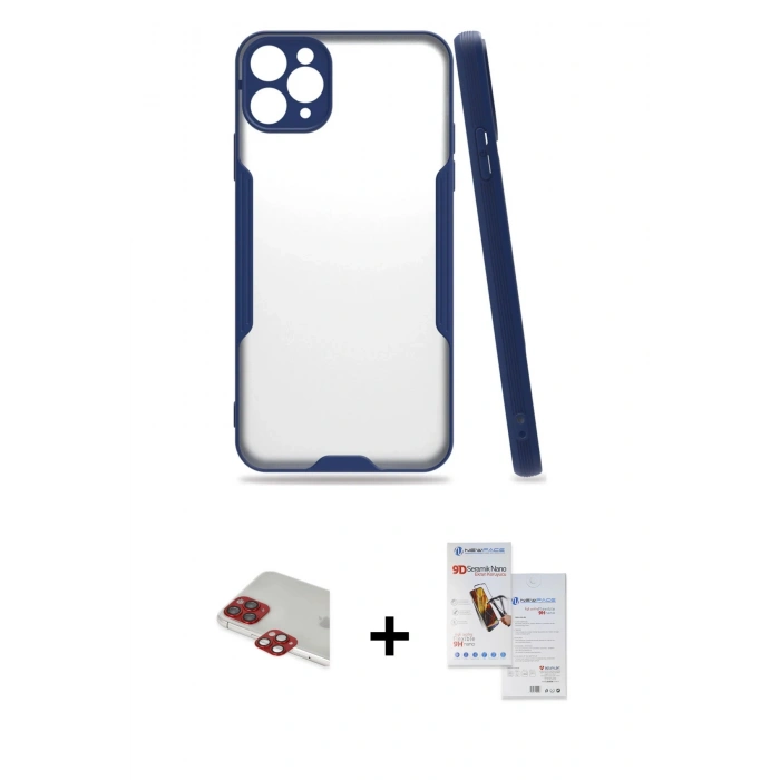 MARSİLYAN™- iPhone 11 Pro Max Kılıf Atlas Asil Serisi - Siyah Seramik Nano Ekran Koruyucu + Pers Alüminyum Kamera Lens - KI