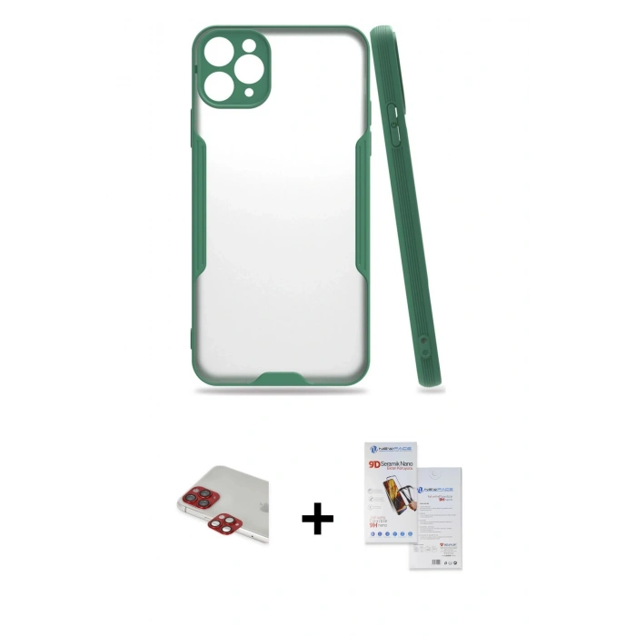 MARSİLYAN™- iPhone 11 Pro Max Kılıf Atlas Asil Serisi - Siyah Seramik Nano Ekran Koruyucu + Pers Alüminyum Kamera Lens - KI