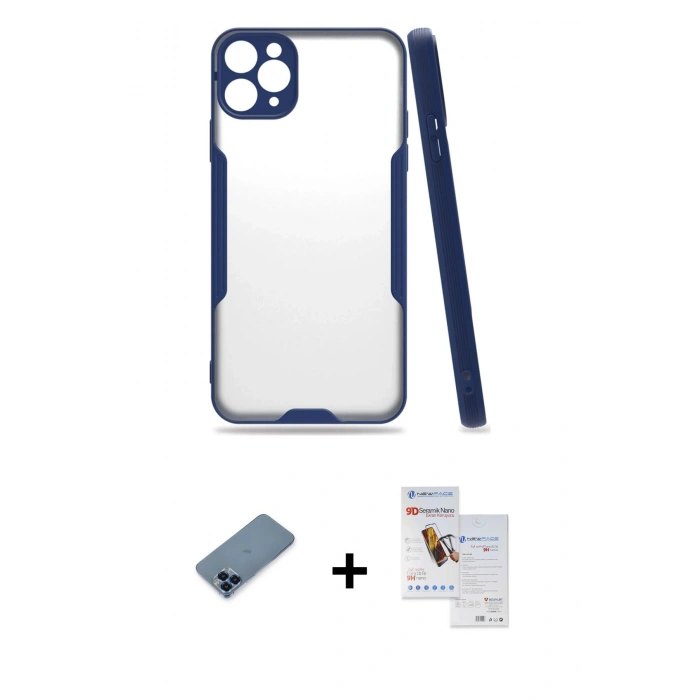 MARSİLYAN™- iPhone 11 Pro Max Kılıf Atlas Asil Serisi - Siyah Seramik Nano Ekran Koruyucu + Metal Kamera Lens Koruma Cam - MI