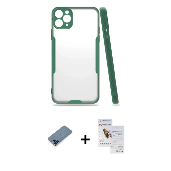 MARSİLYAN™- iPhone 11 Pro Max Kılıf Atlas Asil Serisi - Siyah Seramik Nano Ekran Koruyucu + Metal Kamera Lens Koruma Cam - MI
