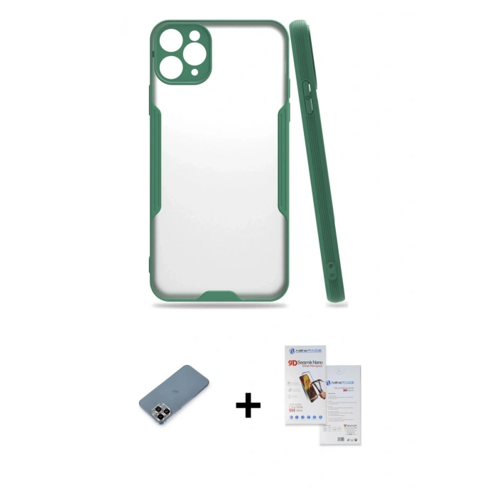 MARSİLYAN™- iPhone 11 Pro Max Kılıf Atlas Asil Serisi - Siyah Seramik Nano Ekran Koruyucu + Metal Kamera Lens Koruma Cam - MR