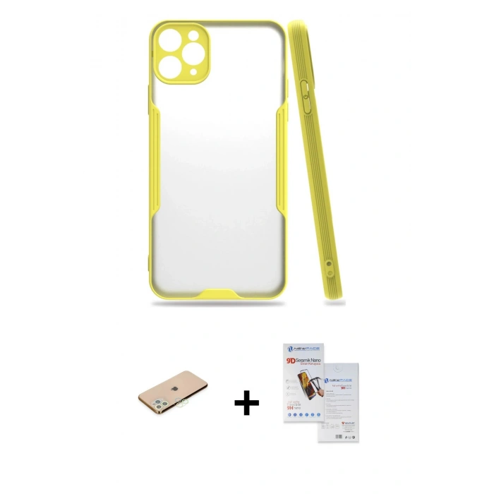MARSİLYAN™- iPhone 11 Pro Max Kılıf Atlas Asil Serisi - Siyah Seramik Nano Ekran Koruyucu + Renkli Kamera Lens Koruma Cam - YL