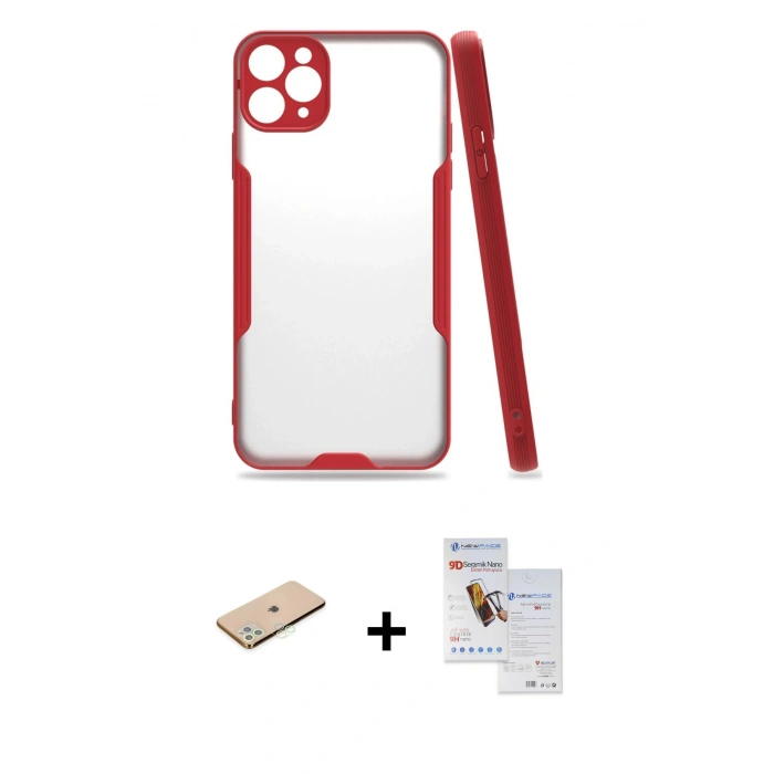 MARSİLYAN™- iPhone 11 Pro Max Kılıf Atlas Asil Serisi - Siyah Seramik Nano Ekran Koruyucu + Renkli Kamera Lens Koruma Cam - YL