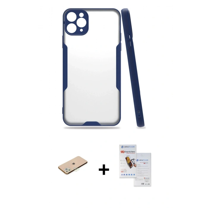 MARSİLYAN™- iPhone 11 Pro Max Kılıf Atlas Asil Serisi - Siyah Seramik Nano Ekran Koruyucu + Renkli Kamera Lens Koruma Cam - YL