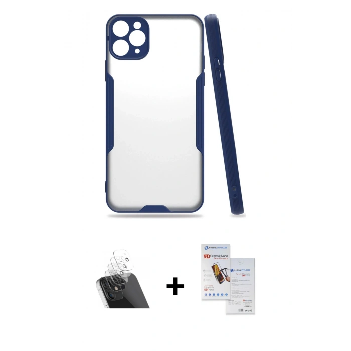 MARSİLYAN™- iPhone 11 Pro Max Kılıf Atlas Asil Serisi - Siyah Seramik Nano Ekran Koruyucu + Kamera Lens Koruma Cam - SF