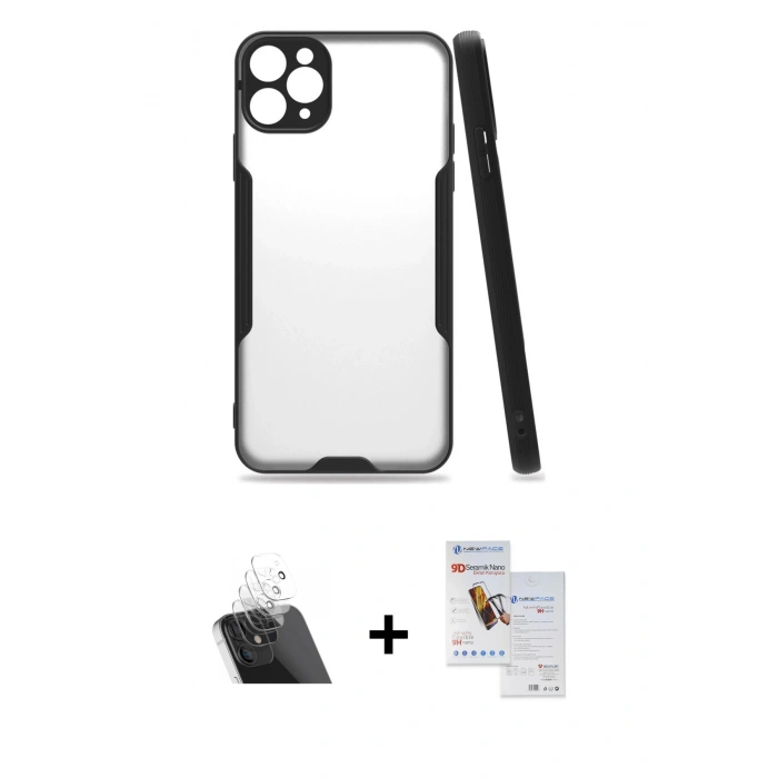MARSİLYAN™- iPhone 11 Pro Max Kılıf Atlas Asil Serisi - Siyah Seramik Nano Ekran Koruyucu + Kamera Lens Koruma Cam - SF