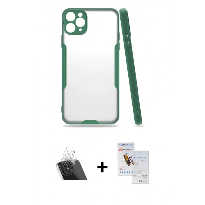 MARSİLYAN™- iPhone 11 Pro Max Kılıf Atlas Asil Serisi - Siyah Seramik Nano Ekran Koruyucu + Kamera Lens Koruma Cam - SF