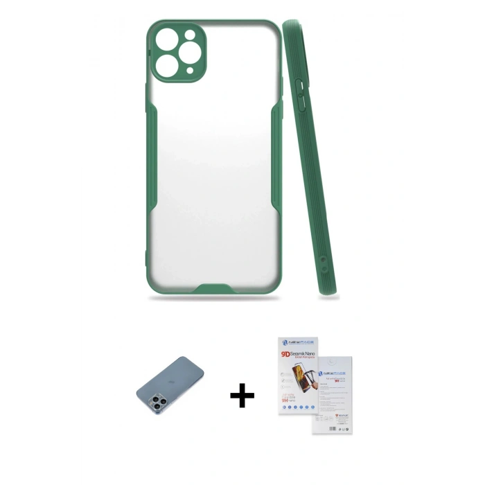 MARSİLYAN™- iPhone 11 Pro Max Kılıf Atlas Asil Serisi - Siyah Seramik Nano Ekran Koruyucu + Shine Kamera Lens Koruma Cam - SABE