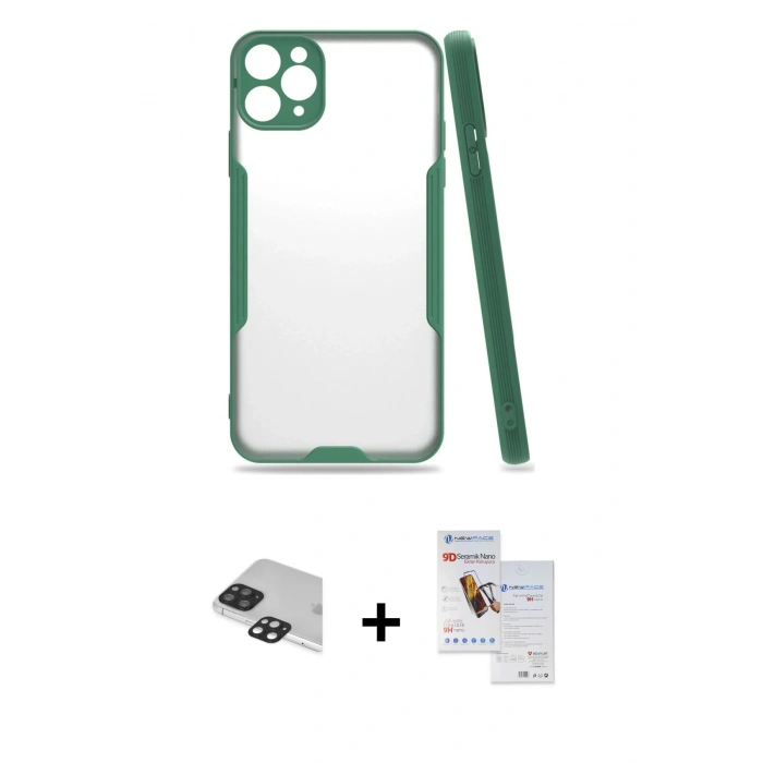 MARSİLYAN™- iPhone 11 Pro Max Kılıf Atlas Asil Serisi - Siyah Seramik Nano Ekran Koruyucu + Pers Alüminyum Kamera Lens - SH