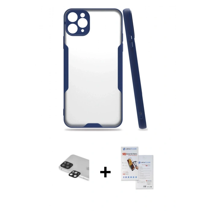 MARSİLYAN™- iPhone 11 Pro Max Kılıf Atlas Asil Serisi - Siyah Seramik Nano Ekran Koruyucu + Pers Alüminyum Kamera Lens - SH