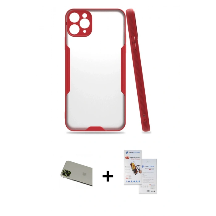 MARSİLYAN™- iPhone 11 Pro Max Kılıf Atlas Asil Serisi - Siyah Seramik Nano Ekran Koruyucu + Rainbow Kamera Lens Koruma Cam - YL