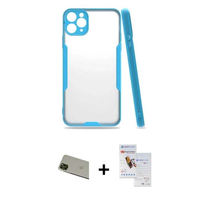 MARSİLYAN™- iPhone 11 Pro Max Kılıf Atlas Asil Serisi - Siyah Seramik Nano Ekran Koruyucu + Rainbow Kamera Lens Koruma Cam - YL