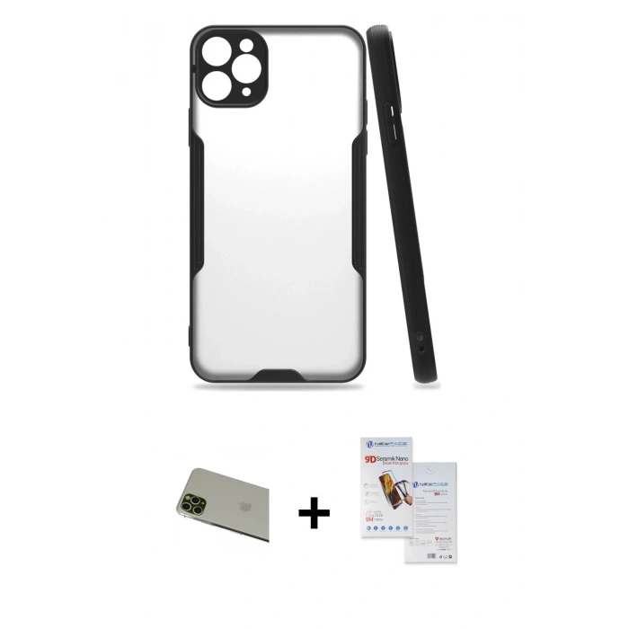 MARSİLYAN™- iPhone 11 Pro Max Kılıf Atlas Asil Serisi - Siyah Seramik Nano Ekran Koruyucu + Rainbow Kamera Lens Koruma Cam - YL