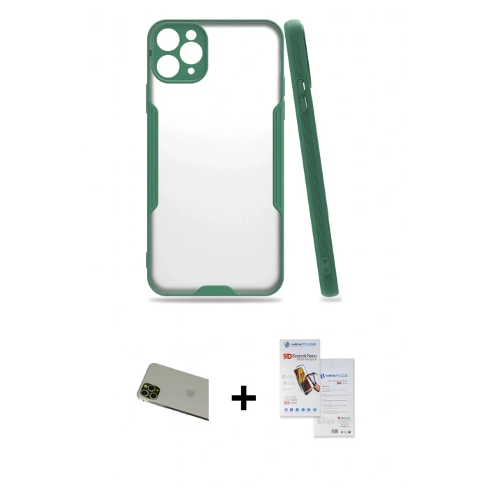MARSİLYAN™- iPhone 11 Pro Max Kılıf Atlas Asil Serisi - Siyah Seramik Nano Ekran Koruyucu + Rainbow Kamera Lens Koruma Cam - YL