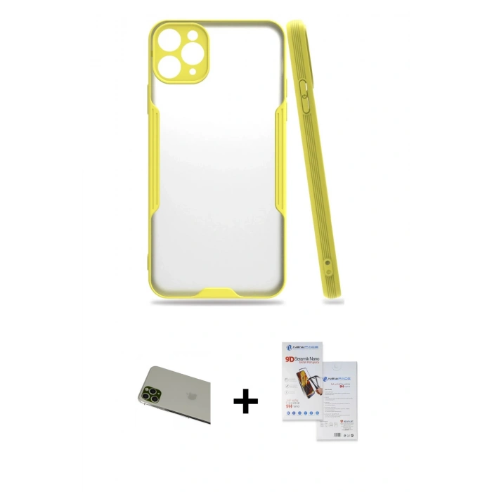 MARSİLYAN™- iPhone 11 Pro Max Kılıf Atlas Asil Serisi - Siyah Seramik Nano Ekran Koruyucu + Rainbow Kamera Lens Koruma Cam - YL