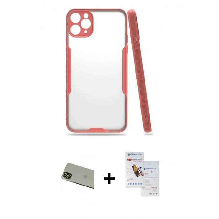 MARSİLYAN™- iPhone 11 Pro Max Kılıf Atlas Asil Serisi - Siyah Seramik Nano Ekran Koruyucu + Rainbow Kamera Lens Koruma Cam - YL