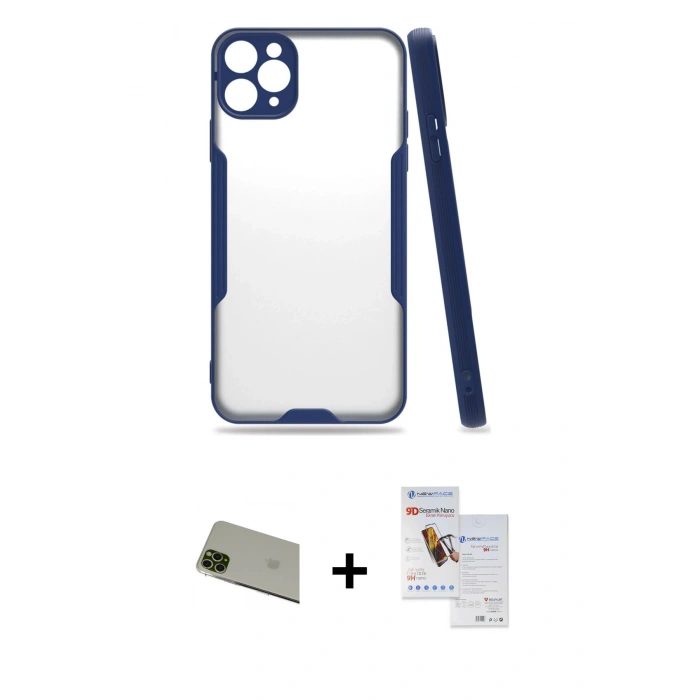 MARSİLYAN™- iPhone 11 Pro Max Kılıf Atlas Asil Serisi - Siyah Seramik Nano Ekran Koruyucu + Rainbow Kamera Lens Koruma Cam - YL