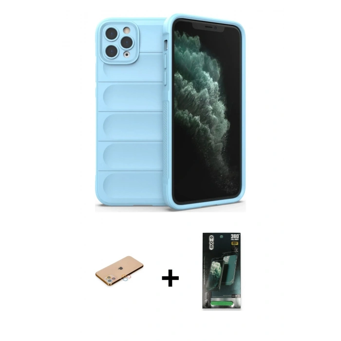 MARSİLYAN™- iPhone 11 Pro Max Kılıf Atlas Koleksiyonu - Şeffaf 360 Full Body Arka Koruyucu + Renkli Kamera Lens Koruma Cam - PE