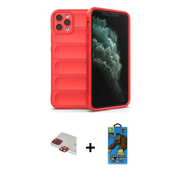 MARSİLYAN™- iPhone 11 Pro Max Kılıf Atlas Koleksiyonu - Siyah 18D Cam Ekran Koruyucu + Pers Alüminyum Kamera Lens - KI