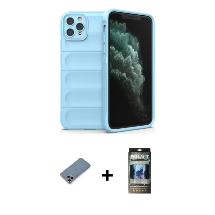 MARSİLYAN™- iPhone 11 Pro Max Kılıf Atlas Koleksiyonu - Siyah 34D Hayalet Izgaralı Cam + Metal Kamera Lens Koruma Cam - MR