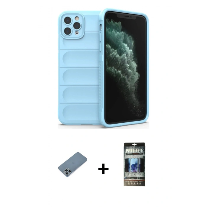 MARSİLYAN™- iPhone 11 Pro Max Kılıf Atlas Koleksiyonu - Siyah 34D Hayalet Izgaralı Cam + Shine Kamera Lens Koruma Cam - SABE