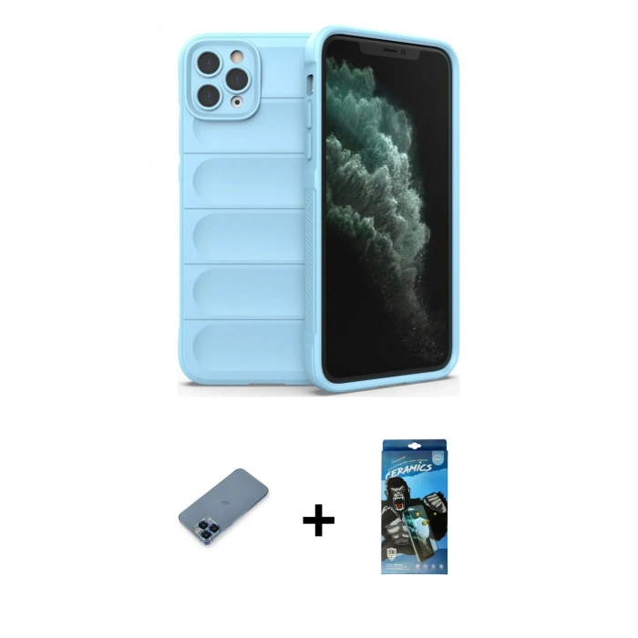 MARSİLYAN™- iPhone 11 Pro Max Kılıf Atlas Koleksiyonu - Siyah 34D Izgaralı Cam + Metal Kamera Lens Koruma Cam - MI
