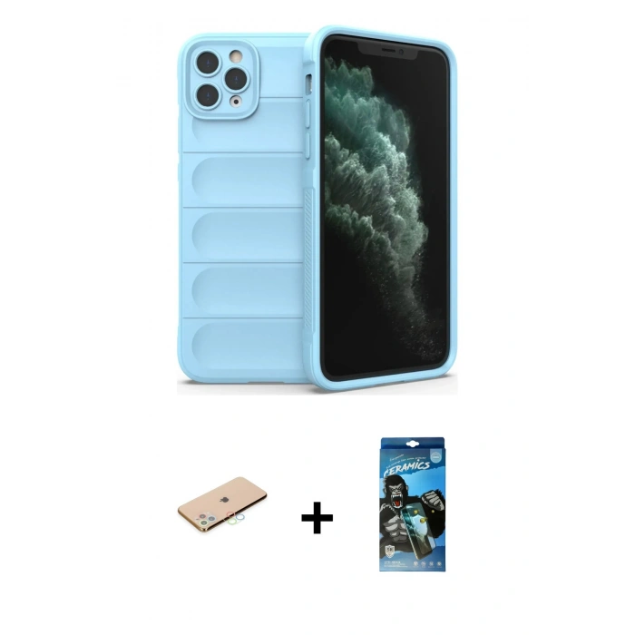 MARSİLYAN™- iPhone 11 Pro Max Kılıf Atlas Koleksiyonu - Siyah 34D Izgaralı Cam + Renkli Kamera Lens Koruma Cam - MI