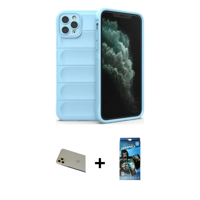 MARSİLYAN™- iPhone 11 Pro Max Kılıf Atlas Koleksiyonu - Siyah 34D Izgaralı Cam + Rainbow Kamera Lens Koruma Cam - GD