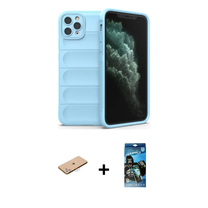 MARSİLYAN™- iPhone 11 Pro Max Kılıf Atlas Koleksiyonu - Siyah 34D Izgaralı Cam + Renkli Kamera Lens Koruma Cam - PE